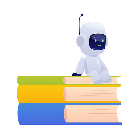 Chatbot robot smiling and sitting on stack of books vector flat illustration, cute Artificial intelligence machineのイラスト素材