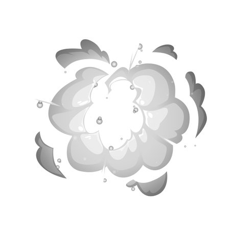 Bomb explosion, detonated boom flash cartoon game bang effect, vector monochrome smog and haze, gray flame, weapon shotのイラスト素材
