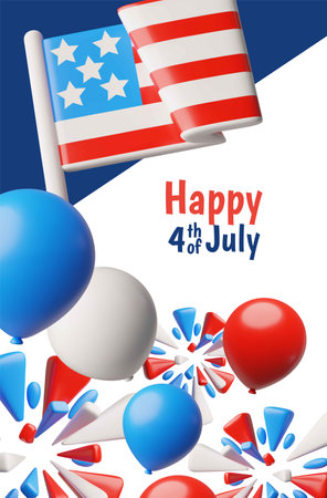 American happy Independence day, 4th July vector 3D plastic style poster, USA flag, balloons and fireworks decorationのイラスト素材