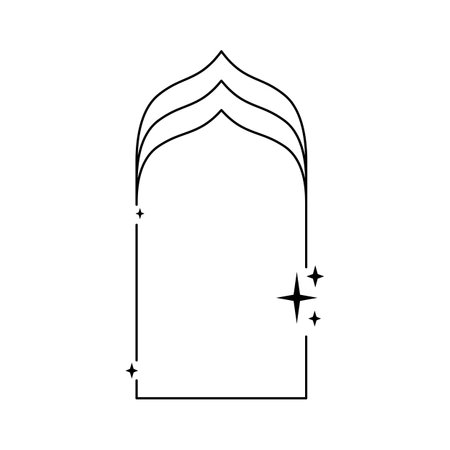 Ramadan arch frame, Boho line art, Islamic black outline border with sparkle stars, oriental thin lines vector designのイラスト素材