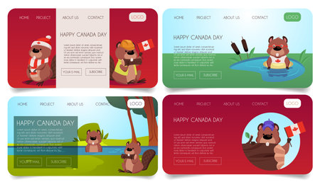 Set of vector web pages with cute cartoon beavers. Canada Day.のイラスト素材