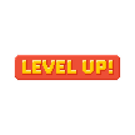 Level up message button, 8-bit pixel art style, bright red and yellow color.のイラスト素材