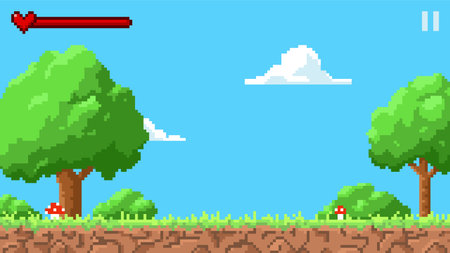 Nature pixel background with trees, grass, ground, sky with clouds and red indicator with heart.のイラスト素材