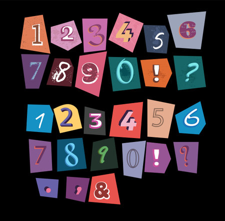 Vector set of colorful cutout newspaper numbers and punctuation marks for ransom or collage.のイラスト素材