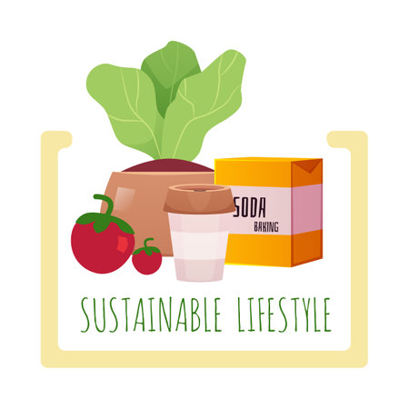 Grow plants and vegetables, use eco cup and baking soda, ECO sustainable lifestyle, reduce, reuse, recycle vector designのイラスト素材