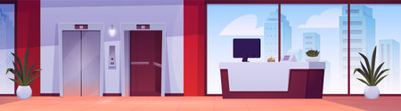 Hotel, office or company lobby, reception desk, elevators, vector flat hall for guests interior design, skyscrapers viewのイラスト素材