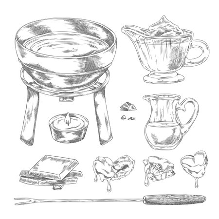 Monochrome sketch of a set with a fondue pot, fork, chocolate, milk jug, and fruit pieces.のイラスト素材