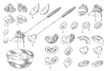 Fondue collection hand drawn engraved vector set, berries and fruit pieces with melted chocolate, fondue bowl and skewerのイラスト素材