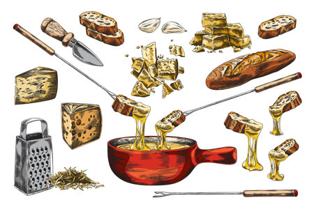 Cheese fondue sketch vector set, melted cheese with bread on skewer and bowl, hand drawn national dish with garlicのイラスト素材