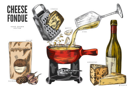 Cheese fondue sketch vector set, hand drawn grated Edam cheese, garlic, wine, starch and nutmeg, fondue bowl heatingのイラスト素材