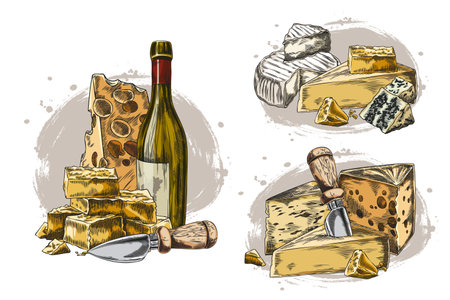 Vector set of watercolor illustrations with different types of cheese, knife and bottle of wine.のイラスト素材