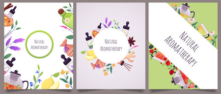Natural aromatherapy products vector posters set, teapot with flowers, flask with herbal mixture, spices, fruits berriesのイラスト素材