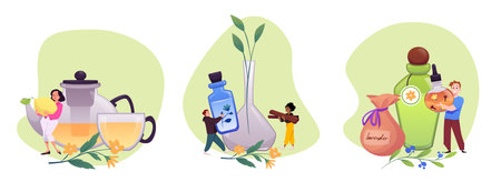 Teapot with chamomile flowers, flask with herbal mixture and small people, vector flat illustrations set, aromatherapyのイラスト素材