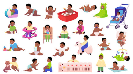 Set of dark-skinned little boys in different actions and poses, vector illustration.のイラスト素材