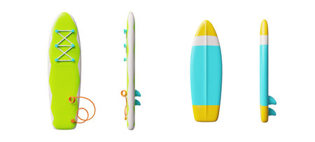 Surfboard and SUP board 3D cartoon vector set, realistic windsurfing boards for active sport on water, sports equipmentのイラスト素材