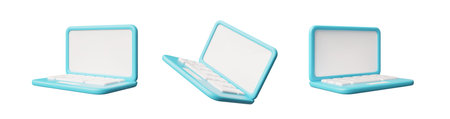 Laptop with white blank screen 3D vector set, computer gadget device with keyboard and touchpad in blue case mock upのイラスト素材