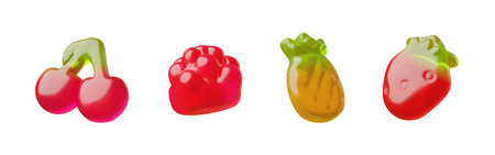 Chewy jelly gummy candies pineapple, strawberry, raspberry and cherry berries shapes and flavors 3D vector icons setのイラスト素材