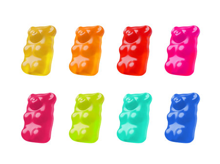Chewy jelly gummy bears different colors 3D vector set, sweet candy dessert, realistic animal marmalade confectioneryのイラスト素材