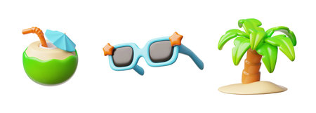 Blue sunglasses with star decoration, coconut cocktail with straw and umbrella, palm tree on sand, summer 3D vector setのイラスト素材
