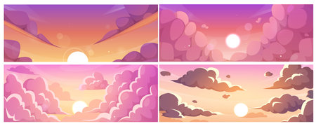 Sunset horizon landscape vector flat illustrations set Anime style, sky with clouds and sunshine, nature backgroundのイラスト素材