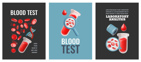 Blood tube testing magnifying glass, laboratory analysis, vector 3D posters set, medical diagnostic healthcare, donationのイラスト素材