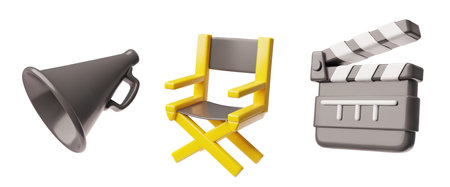 3D Vector Set with Loudspeaker, Folding Chair and Directors Clapperboard.のイラスト素材