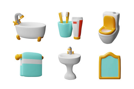 Bathroom hygiene accessories and interior equipment 3D vector set, bath, ceramic sink, toilet bowl, towel and mirrorのイラスト素材