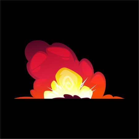 Vector cartoon bomb explosion with smoke, flame and sparks, on black and isolated background.