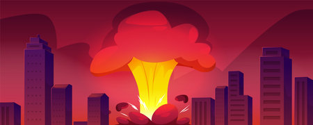Bomb blast in the city, abandoned flaming cityscape with skyscrapers, vector flat red horizon with...
