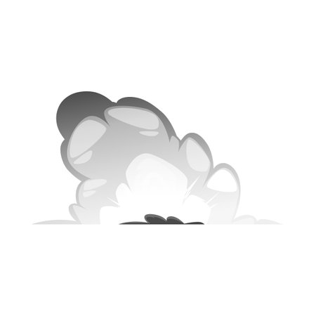 Bomb explosion, detonated boom flash cartoon game bang effect, vector monochrome gray smog and haze, flame, weapon shotのイラスト素材
