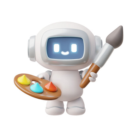 3D vector chatbot holding paint palette with brush.のイラスト素材