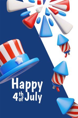 American happy Independence day, 4th July vector 3D plastic style poster, cylinder hat and fireworks in USA flag colorsのイラスト素材