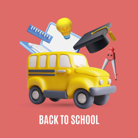 Back to school 3D plastic style vector poster, education school, college university concept, school bus, graduate capのイラスト素材