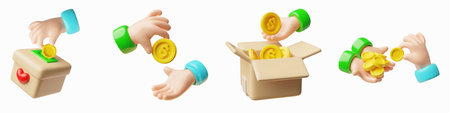 Hand holding golden coin 3d cartoon vector set, donate box with heart symbol, donation and charity conceptのイラスト素材
