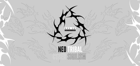 Neo tribal triangle form element vector banner design with text, Cyber sigilism gothic corners pattern abstract ornamentのイラスト素材