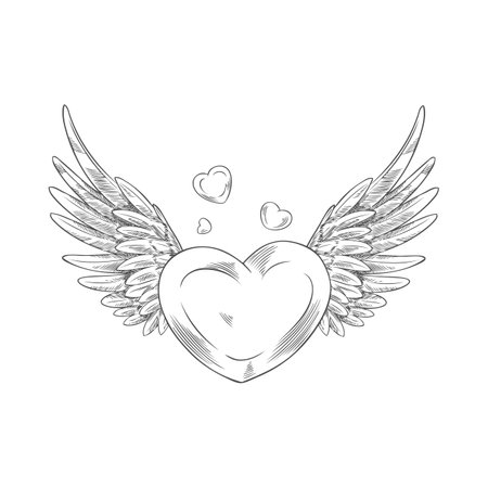 Monochrome Sketch of heart with raised wings, hand drawn outline sketch.のイラスト素材