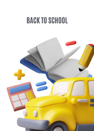 Back to school 3D plastic style vector poster design, education school, college concept, school bus and school supplies