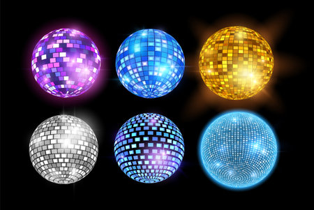 Glowing disco balls vector set, shiny hanging mirror spheres different colors, retro music dance club, party decorationのイラスト素材