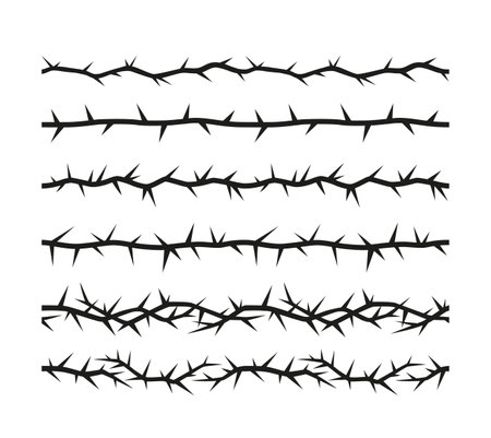 Barbwire, thorny frame vector illustrations set, boundary barb lines, sharp fence, torn stem white and black designのイラスト素材