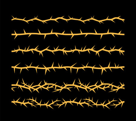 Barbwire, thorny orange frame vector illustrations set, prison, boundary barb lines, sharp fence, torn stem rusty designのイラスト素材