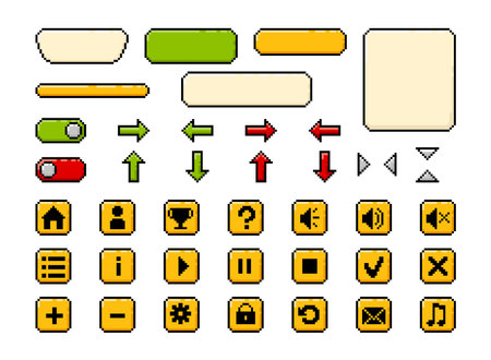 Set of vector buttons, frames for ui game design user interface pixel art, keyboard items for menu, settings and optionsのイラスト素材