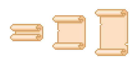 Ancient vertical parchment roll, old paper blank scroll pixel art vector set, convolute antique papyrus document sheetのイラスト素材