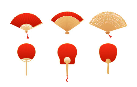 Vintage Japanese and Chinese hand fan flat vector icons set, Asian uchiwa bamboo and red paper accessory for air coolingのイラスト素材