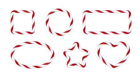 Christmas candy cane frames from red white twisted stripes, round, star, heart and rectangle borders vector collectionのイラスト素材