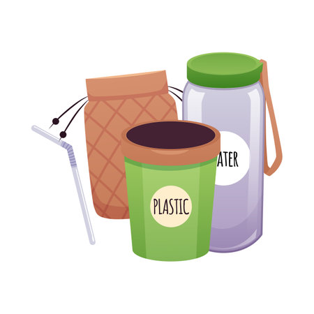Reusable eco items, green plastic cup, water bottle, straw, cloth bag.のイラスト素材