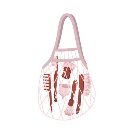 Mesh bag filled with eco-friendly items, brushes, comb, bowl, shaving brush.のイラスト素材