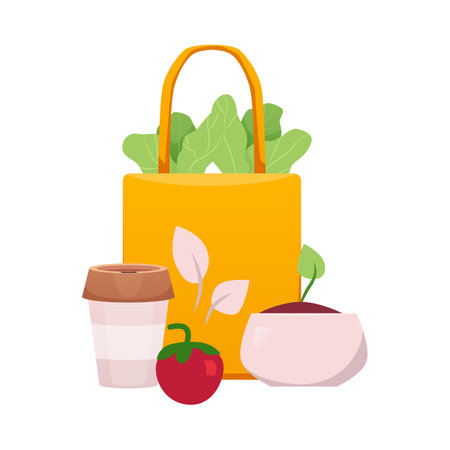 Grow plants, use eco cup, bag with vegetables, vector flat ECO sustainable lifestyle, go green, no plastic, Zero wasteのイラスト素材