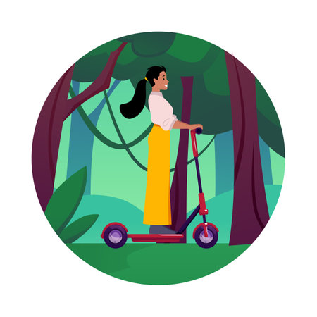 Woman riding scooter against forest background. Round isolated frame.のイラスト素材