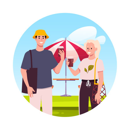 Couple with reusable bag and coffee outdoors. Eco lifestyle.のイラスト素材