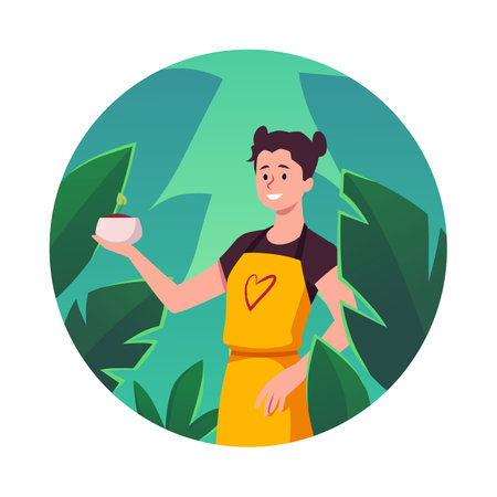 Round frame illustration of girl holding pot with sprout.のイラスト素材